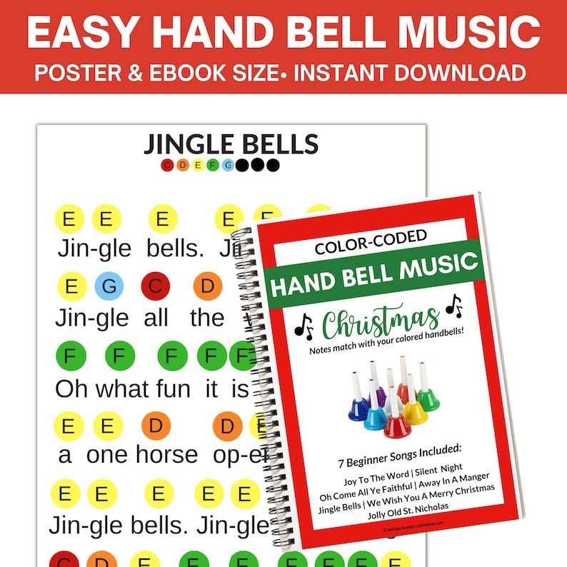 Christmas Hand Bell Music EBook 1 Bell Choir Music 7 Song Sheets Poster and Letter Size Digital Download PDF image 1