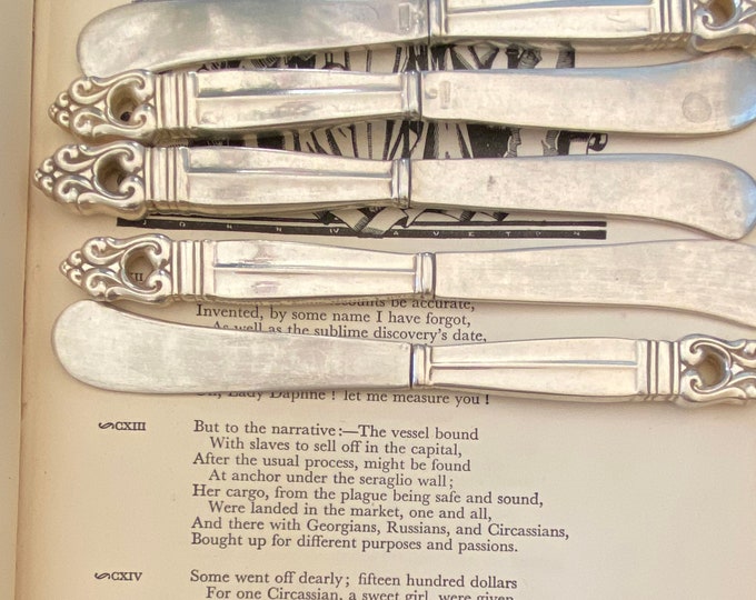 Royal Danish butter knife, set of 5, International silver, sterling, vintage, silver, knives, American silver, silver blades