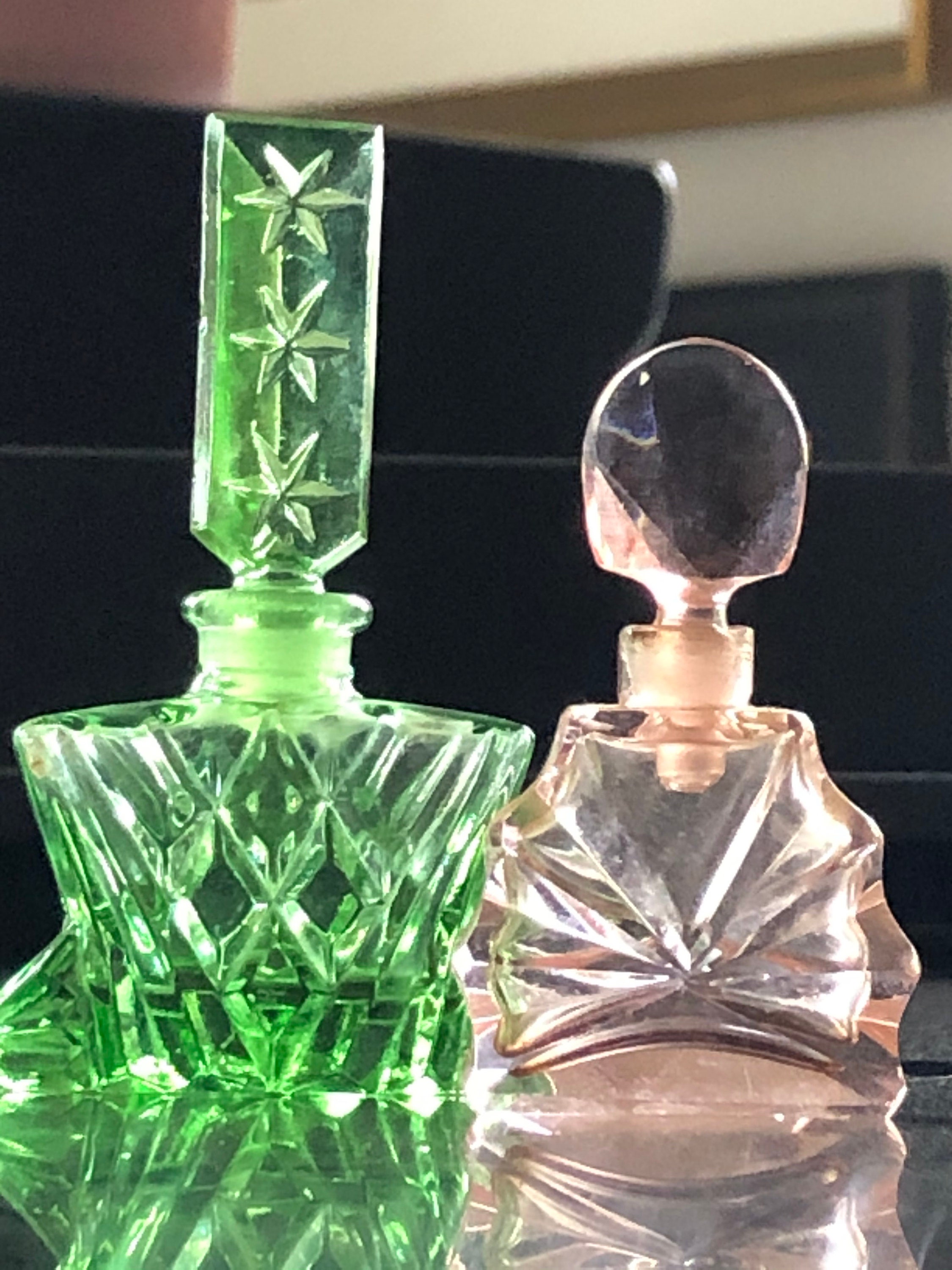 Vintage Art Deco green cut glass perfume bottle, made in Japan, 1920's