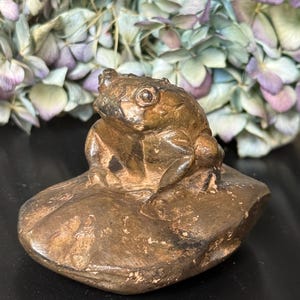 May include: A bronze-colored frog figurine sitting on a stone base. The frog has detailed features and a textured surface. The sculpture is a decorative item, possibly for a home or garden.