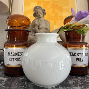 May include: A white ceramic vase is centered in front of two brown apothecary jars with amber glass stoppers. The jars have white labels with black text. A small statue and a purple flower are also in the image.