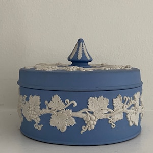 May include: A blue and white ceramic trinket box with a grapevine design. The lid has a small, pointed knob.