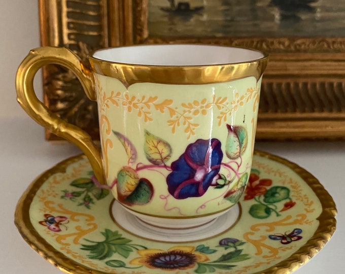 Royal Worcester Samuel Astles "English Flowers" coffee cup and saucer, demitasse, gilt, floral, English china, connoisseur collection