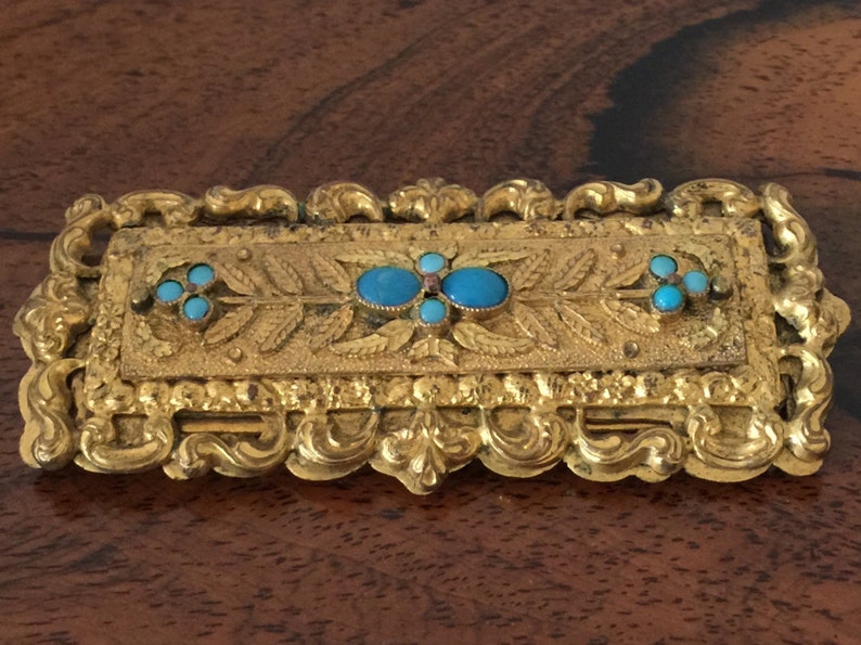 Gilt metal and turquoise Georgian buckle, historic jewelry, antique jewelry, belt buckle, collectable, 18th century, british, regency image 1