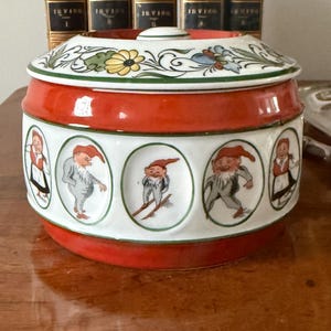 Antique Porsgrund Porcelain Nisse (Elves) lidded pot, circa 1930, Norwegian, very rare