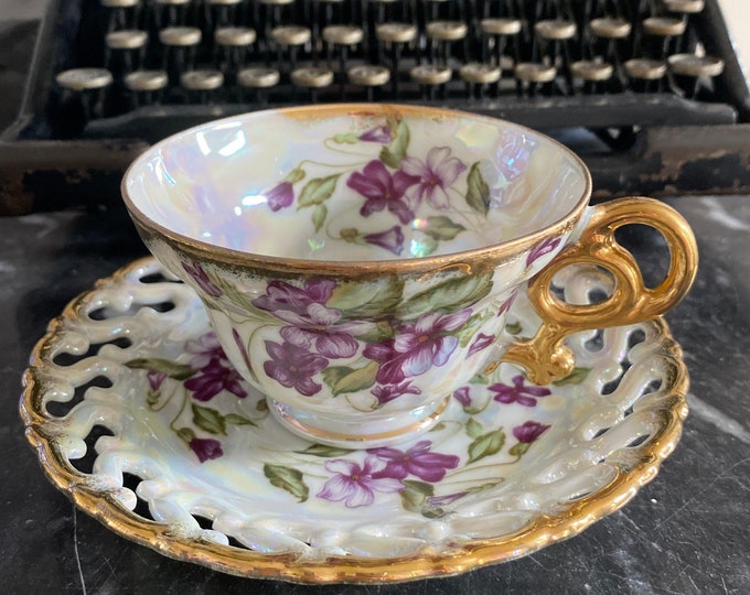 Vintage Royal Sealy China cup and saucer, lustreware, opalescent, reticulated,  purple flowers, gilt, made in Japan, mid century
