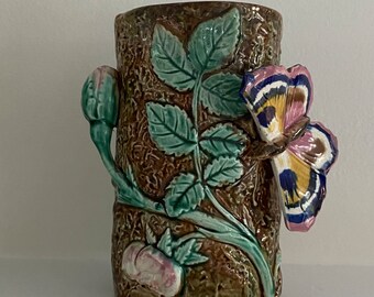 George Jones majolica Butterfly bark vase, Victorian majolica, rare, bark, roses, English majolica,