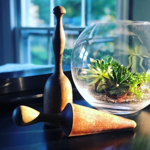 Könnte beinhalten: Zwei Küchenwerkzeuge aus Holz, ein Mörser und ein Stößel, auf einer dunklen Oberfläche mit einem gläsernen Terrarium gefüllt mit Sukkulenten im Hintergrund.