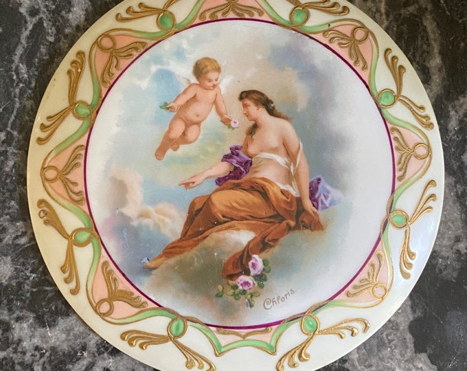 Rare early Rosenthal, Bavaria, wall plaque, hand-painted, Chloris and Cupid, 1891 - 1906, German porcelain, greek gods, classic theme,