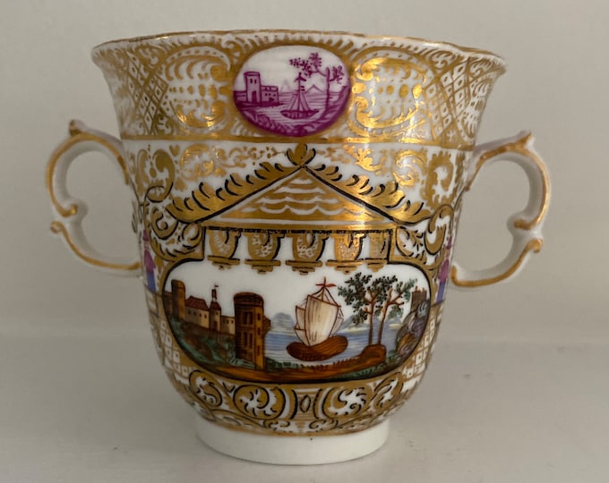 Antique KPM Berlin orphan Trembleuse cup, hand painted porcelain, German, chinoiserie, harbor scene, Berlin, chocolate