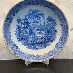 May include: A round, blue and white ceramic plate with a detailed landscape scene. The plate features a pagoda, trees, and figures, with a decorative border. The plate is displayed on a clear stand.