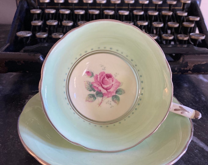 Paragon teacup and saucer, peppermint green, single pink Rose motif,  double warrant, pink rose, collectable,
