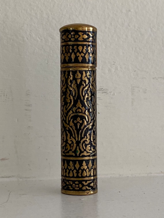 Rare antique Thai Niello cylindrical lidded box, … - image 2