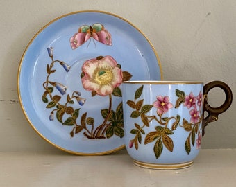 Antique Royal Worcester demitasse cup and saucer, 19th century, blue ground, floral, botanical, aesthetic movement, enamel