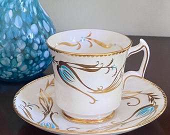 Vintage Royal Chelsea kaffekopp, 50-talsstil, engelskt benporslin, vit, turkos och guld, kopp och fat, skåpsdel, mönster 331