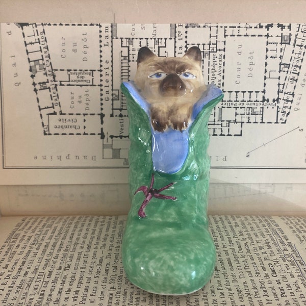 Vintage porcelain kitten in a boot, Cara China, Staffordshire, Bone China, England, hand painted, cat, feline, British