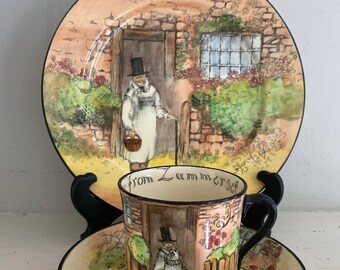 Rare Royal Doulton Trio, Gaffer pattern, Made in England in the 1920s, consisting of a plate and cup and saucer, British china,