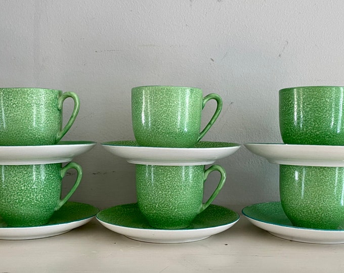 Set of six Meito China demitasse cups and saucer, green speckled, handpainted, midcentury, fine china, mid-century modern, espresso, modern