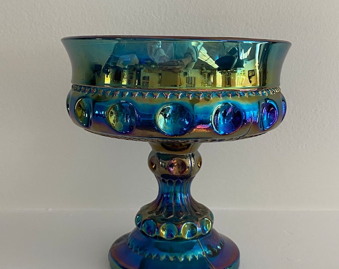 Beautiful Indiana Glass compote, blue iridescent carnival glass, vintage, mid century, raised bowl, stem, American glass