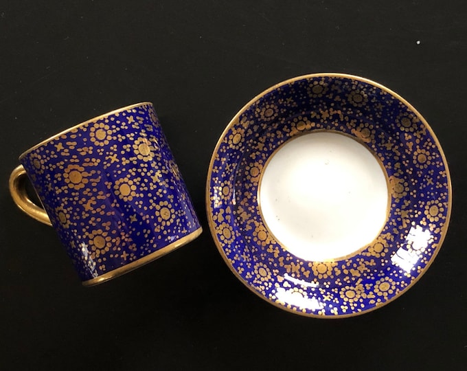 Paragon demitasse cups, pair, double backstamp, warrant, starry, navy, gilt, pair, english china, exquisite, unique, paragon, coffee cup