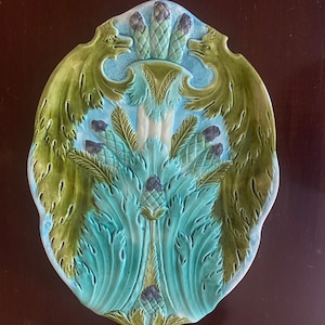 Rare antique Lunéville majolica asparagus/artichoke platter, French, 19th century, barbotine, faience