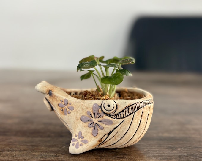 Ceramic Whale Planter Pot with Hand-Painted Floral Design