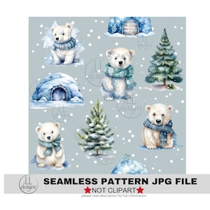 May include: A seamless pattern featuring watercolor illustrations of polar bears wearing scarves, snow-covered trees, and igloos on a light blue background with white dots.