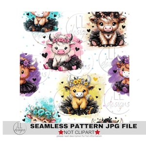 May include: A seamless pattern featuring cute cartoon Highland cows wearing black tutus and floral crowns. The cows are in various poses and colors, including white, brown, and yellow. The background is a white watercolor wash with stars and hearts.