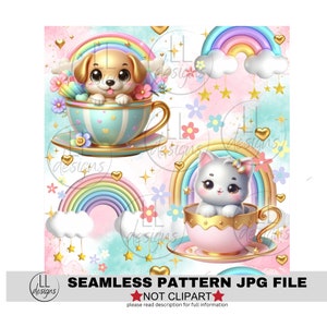 Tazze da tè arcobaleno gatto cane JPG modello senza soluzione di continuità, carta digitale, digitale, carta, senza soluzione di continuità, sfondo, design, stampabile, stampa, modello