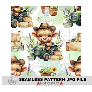 May include: A seamless pattern with a cartoon calf in a cowboy hat driving a green tractor, surrounded by hay bales, lavender, and farm imagery. The design includes the text "SEAMLESS PATTERN JPG FILE" and "NOT CLIPART".