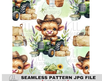 Motivo scozzese con trattore verde Highland Cow JPG senza cuciture, carta digitale, sfondo, design, stampabile