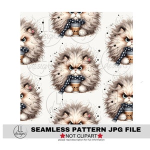 May include: A seamless pattern featuring a fluffy white cat with a blue and white polka dot scarf holding a cup of coffee. The background is white with black polka dots.