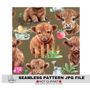May include: A seamless pattern featuring adorable cartoon Highland cattle in various poses, including sitting, standing, and looking at the viewer. The background is a muted brown with green grass, a red strawberry, a yellow chick, and a blue frog. The pattern is perfect for fabric, wallpaper, or other creative projects.