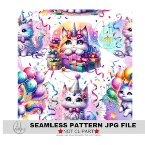 Puede incluir: Un patrón sin costuras con gatos de dibujos animados coloridos con cuernos de unicornio, sombreros de fiesta y globos. El fondo es blanco con confeti y cintas.