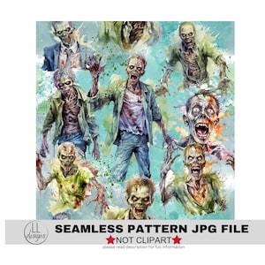 Puede incluir: Patrón sin costuras con una ilustración de acuarela de varios zombis en diferentes poses. El fondo es azul claro con salpicaduras de pintura. El texto "SEAMLESS PATTERN JPG FILE" está en la parte inferior de la imagen. El texto "NOT CLIPART" está en rojo con una estrella a cada lado.