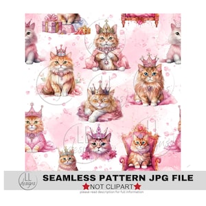 May include: A seamless pattern featuring a pink and white background with watercolor-style flowers and a repeating design of cats wearing crowns and jewels. The cats are in various poses, including sitting, standing, and lounging. Some of the cats are wearing pink dresses, while others are wearing gold necklaces. The pattern is perfect for use in a variety of creative projects, such as scrapbooking, card making, and fabric design.