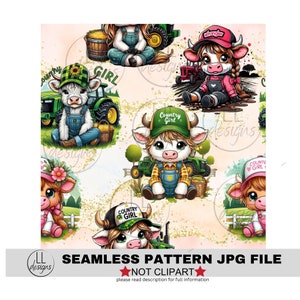 Op de afbeelding: Een naadloos patroon met cartoonkoeien die overalls en hoeden dragen. De koeien zijn omringd door groen gras, bloemen en landbouwapparatuur. De achtergrond is lichtroze met gouden glitter.
