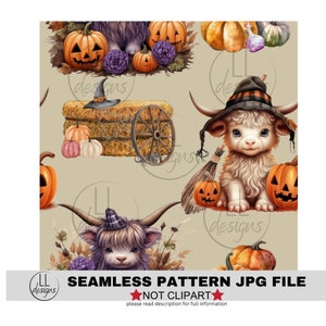 Pumpkins Highland Halloween Fall JPG Seamless Pattern, Digital Paper,Digital,Paper,Seamless,Background,Design,Printable,Pattern