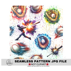 May include: A seamless pattern featuring a baseball theme with watercolor splatters in various colors. The pattern includes baseballs, baseball gloves, and a baseball player swinging a bat.