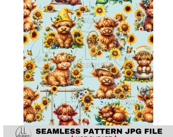 Girasole Highland Cows Flower Pretty JPG Seamless Pattern, Carta digitale, Digitale, Carta, Senza soluzione di continuità, Sfondo, Design, Stampabile