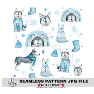 May include: A seamless pattern featuring watercolor illustrations of cute cartoon huskies wearing winter clothing, snowmen, and igloos. The pattern is perfect for creating winter-themed crafts, scrapbooking, and other creative projects.