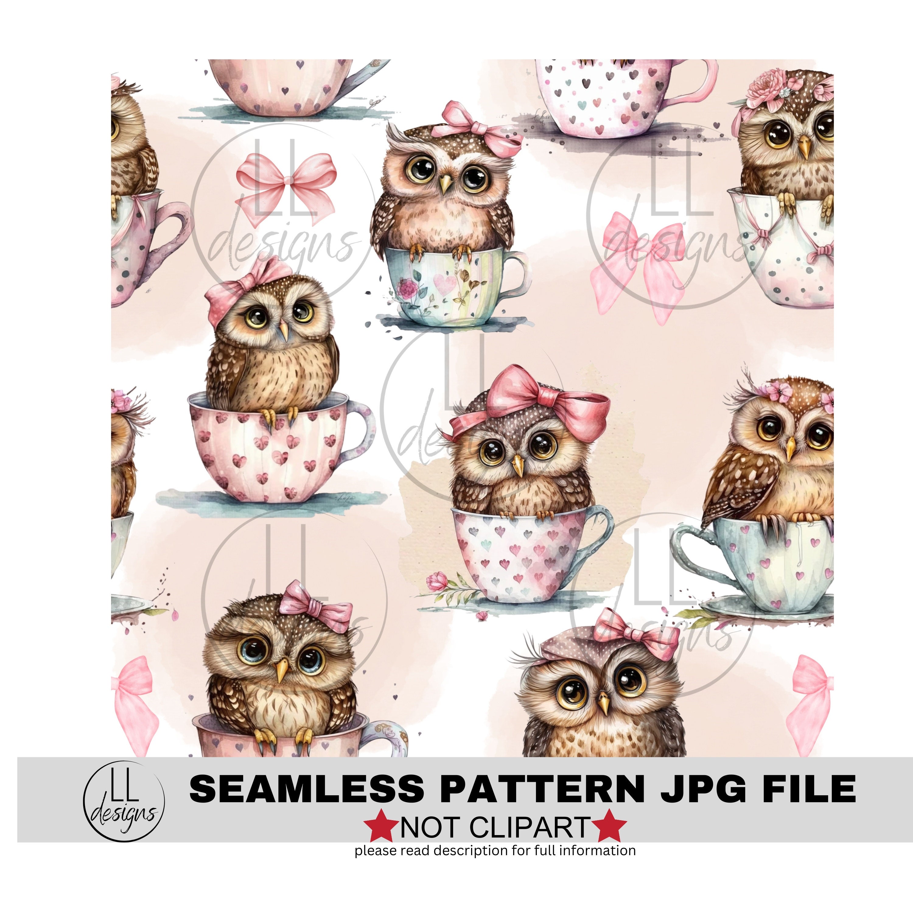 Pink Bow Owl Tea Cups JPG Seamless Pattern, Digital Paper,Digital,Paper,Seamless,Background,Design,P
