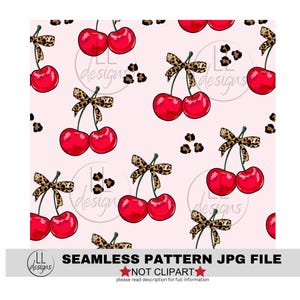 May include: A seamless pattern featuring red cherries with bows and leopard print accents on a pink background. The pattern is perfect for fabric, wallpaper, or digital design projects.