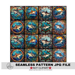 Stained Glass Shark Attack hammerhead Seamless Pattern, Digital Paper,Digital,Paper,Seamless,Background,Design,Printable,Print,Pattern