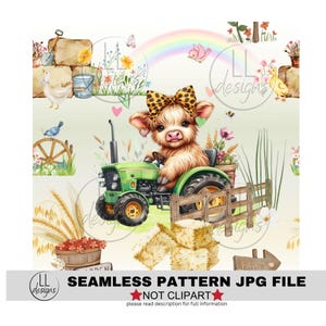 May include: A charming illustration depicts a fluffy cow in a leopard print bow driving a green tractor. The scene includes a rainbow, farm animals, hay bales, and the text "SEAMLESS PATTERN JPG FILE".