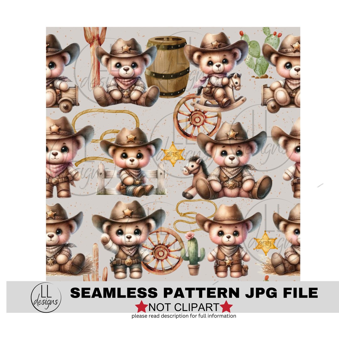 Teddy Bear Cowboys Western Seamless JPG Pattern , Digital Paper,digital