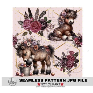 May include: A seamless pattern featuring two brown and white horses with floral crowns and a pink background with gold geometric shapes.