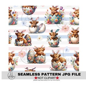 Könnte beinhalten: Ein nahtloses Muster mit schottischen Hochlandrindern, die Hasenohren tragen und in bunten Ostereiern sitzen. Der Hintergrund ist ein gestreiftes Muster in Rosa und Blau.