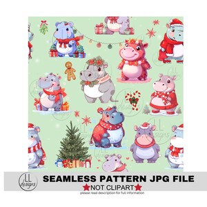 I want a Hippopotamus  Christmas Holiday Seamless Pattern, Digital Paper,Digital,Paper,Seamless,Background,Design,Printable,Print,Pattern