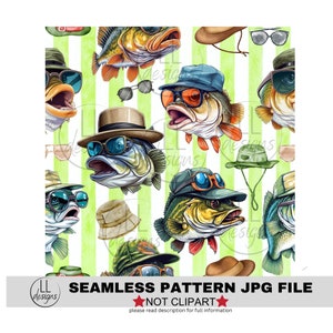 Peut inclure: Un motif sans couture représentant un motif répété de poissons de dessin animé portant des lunettes de soleil et des chapeaux. Les poissons sont de différentes couleurs, notamment le vert, le bleu et le marron. L'arrière-plan est un motif rayé vert et blanc.